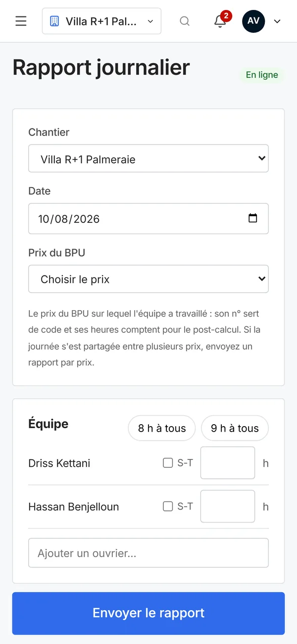 Rapport journalier vBati sur téléphone : chantier, date, prix du BPU, équipe et heures.